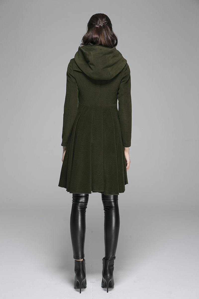 Army Green Wool Blend Hooded Coat – Handmade Asymmetrical Winter Elegance 1360