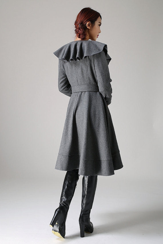 Wool Blend Ruffled Coat – Vintage Belted Lantern Sleeve Winter Jacket 1075