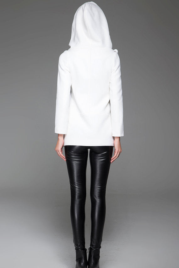 Women's White Wool Blend Coat – Asymmetrical Zip, Oversized Hood, Minimalist Winter Style 1421