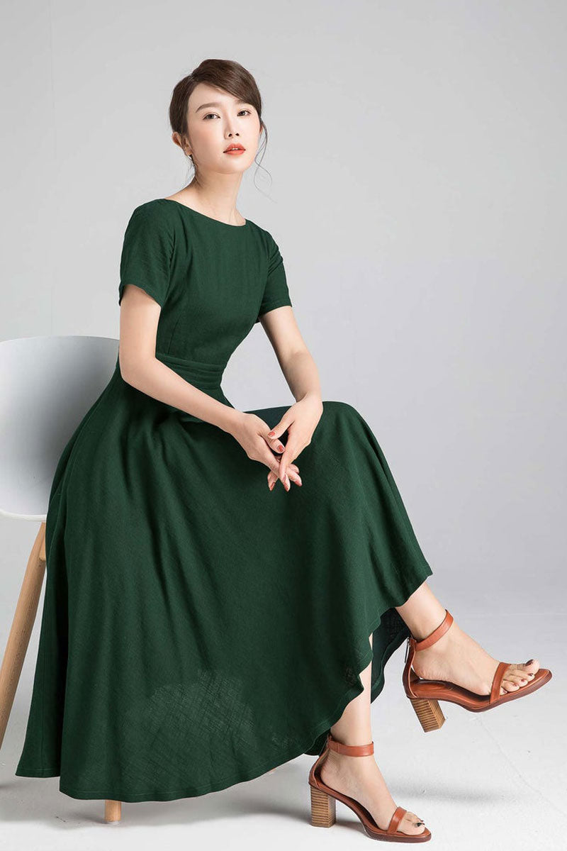 Elegant Linen Midi Dress Minimalist Fit & Flare Summer | Xiaolizi 97101 Elegant Linen Midi Dress Minimalist Fit & Flare Summer | Xiaolizi 97101