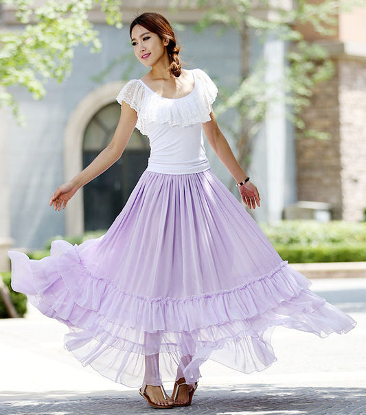 Lavender Chiffon Maxi Skirt – Handmade Tiered Circle Skirt for Summer Weddings | Xiaolizi 1017