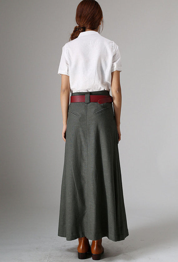 Olive Green Linen Cotton Maxi Skirt – Vintage High Waist Skirt with Large Pockets 0987