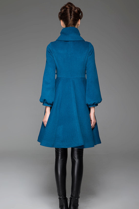 Handmade Blue Wool Blend Coat with Oversized Collar & Belt – Timeless Vintage Elegance 1425