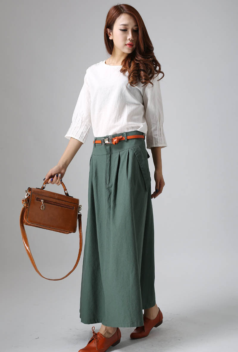 Green Linen Cotton Blend Long Pleated Skirt - Ankle Length with Pockets 813