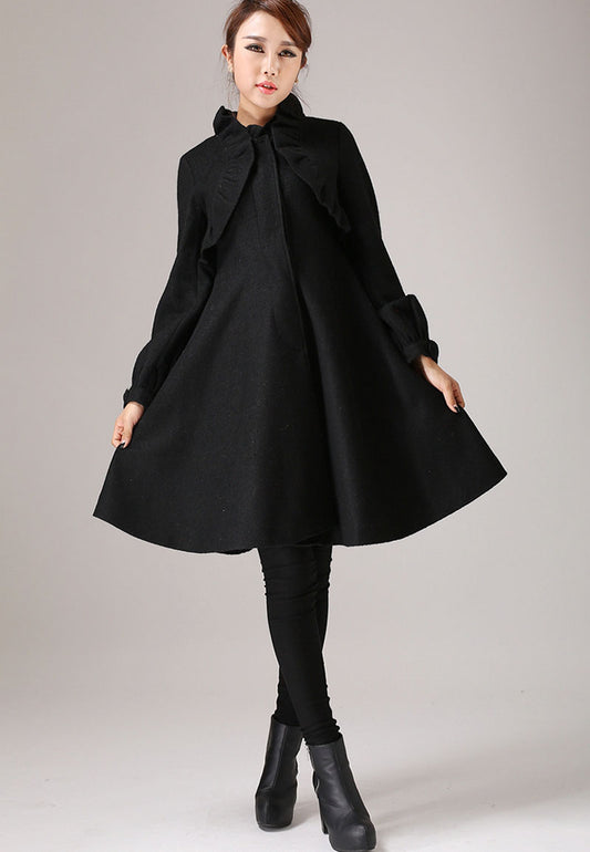 Vintage Wool Coat for Women – Handmade Black A-Line Winter Coat with Ruffle Shoulders | Xiaolizi 0775
