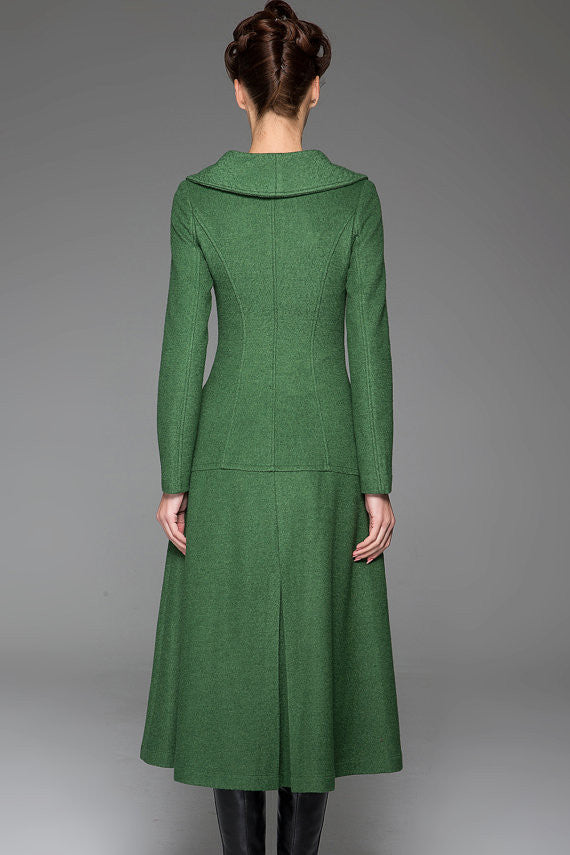 Green Wool Coat – Vintage Single-Breasted Long Winter Overcoat for Women 1413