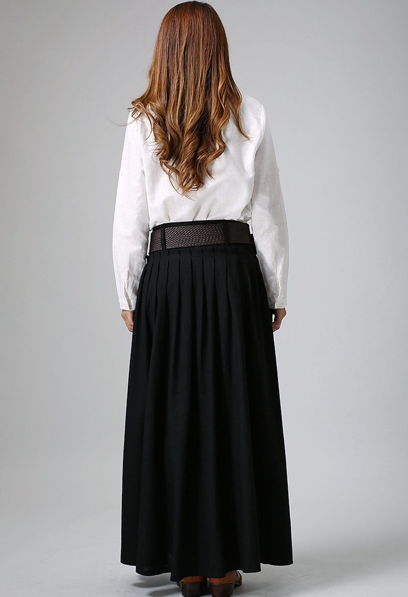 Handmade Black Maxi Skirt – Pleated A-Line Skirt with Pockets | Xiaolizi 0904