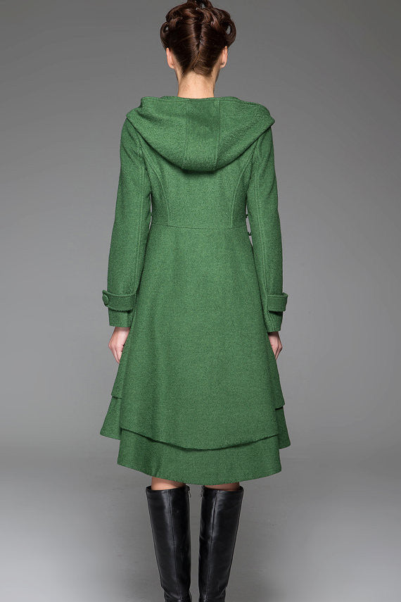 Vintage Wool Coat for Women – Handmade Green Hooded Fit and Flare Winter Coat with Layered Hem | Xiaolizi 1411