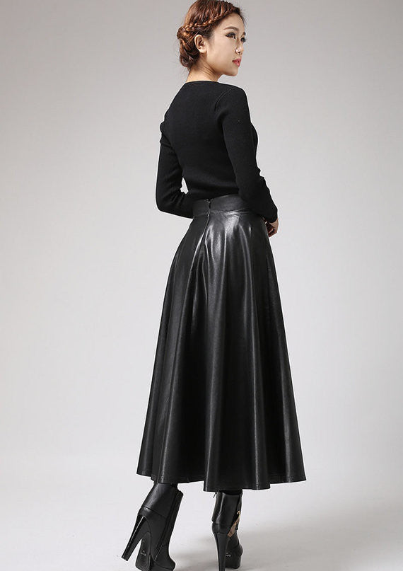 Handmade Black Faux Leather Midi Skirt – Vegan PU A-Line Skirt | Xiaolizi 0719
