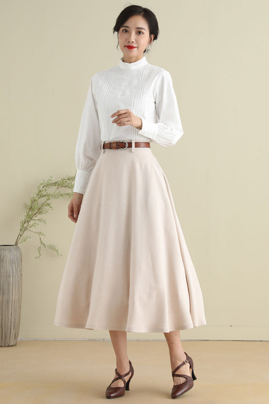 Beige Vintage Inspired 1950s Swing Linen Midi Skirt 278701