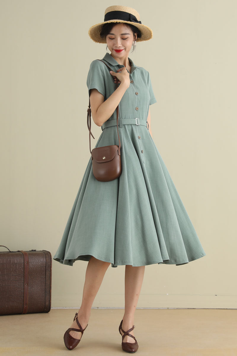 1950s Handmade Linen Cotton Shirt Dress Vintage Green Midi | Xiaolizi Green / L 1950s Handmade Linen Cotton Shirt Dress Vintage Green Midi | Xiaolizi Green / L