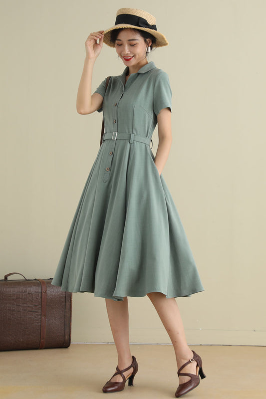 1950s Handmade Linen Cotton Shirt Dress – Vintage Green Midi | Xiaolizi 2790