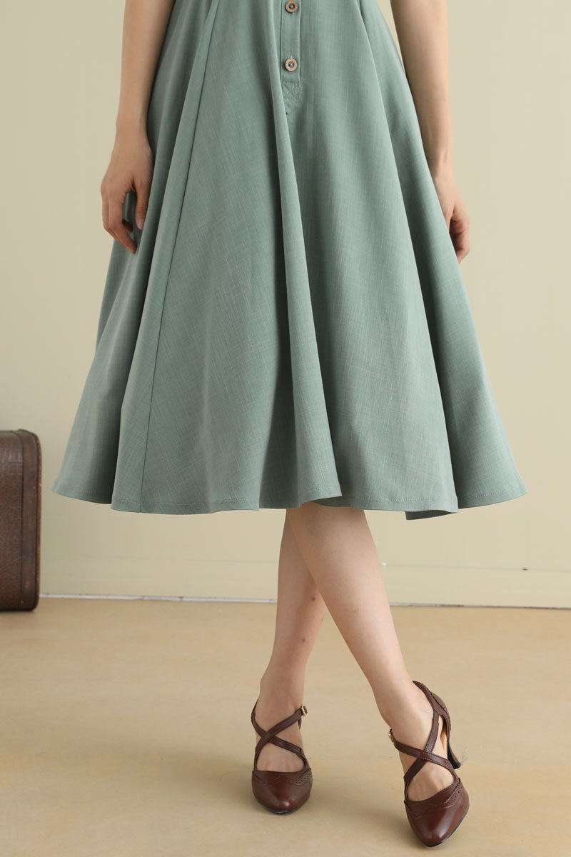 1950s Handmade Linen Cotton Shirt Dress – Vintage Green Midi | Xiaolizi 2790