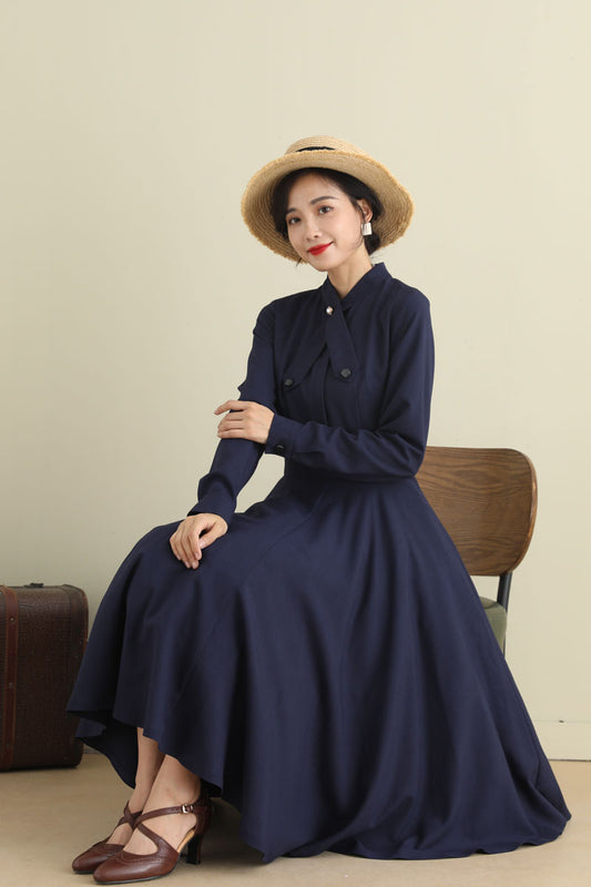 Blue Linen Swing Dress - 1950s Fit & Flare Long Sleeve | Xiaolizi 2791