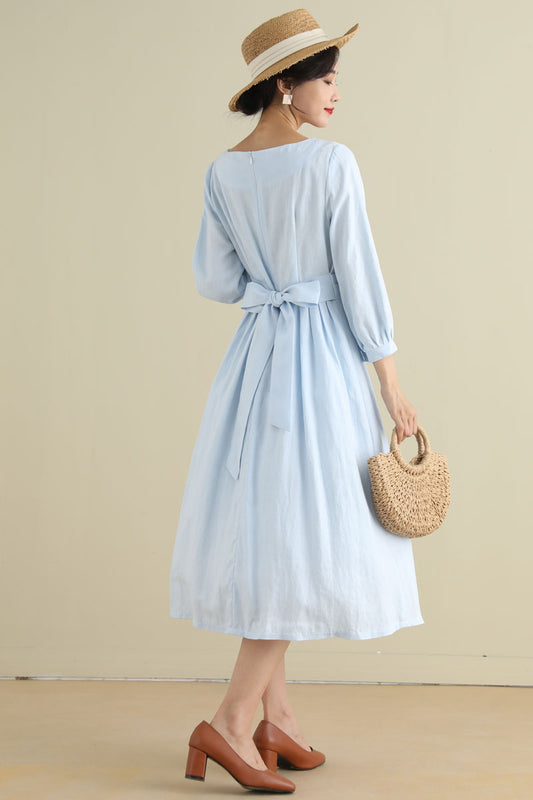 Blue A Line pleated Linen Cottagecore Dress 279201