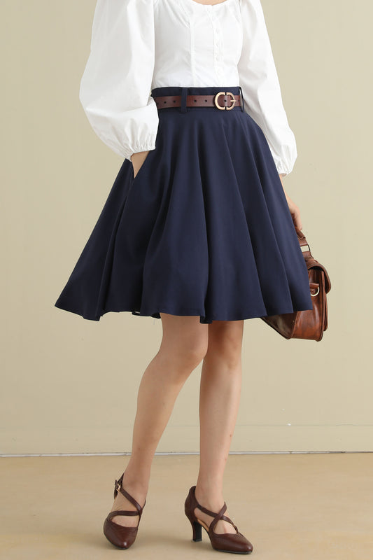 Navy Blue Linen Circle Skirt – Vintage 50s High Waist Skater Skirt with Pockets 279301