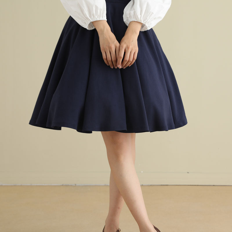 Navy Blue Linen Circle Skirt – Vintage 50s High Waist Skater Skirt with Pockets 279301