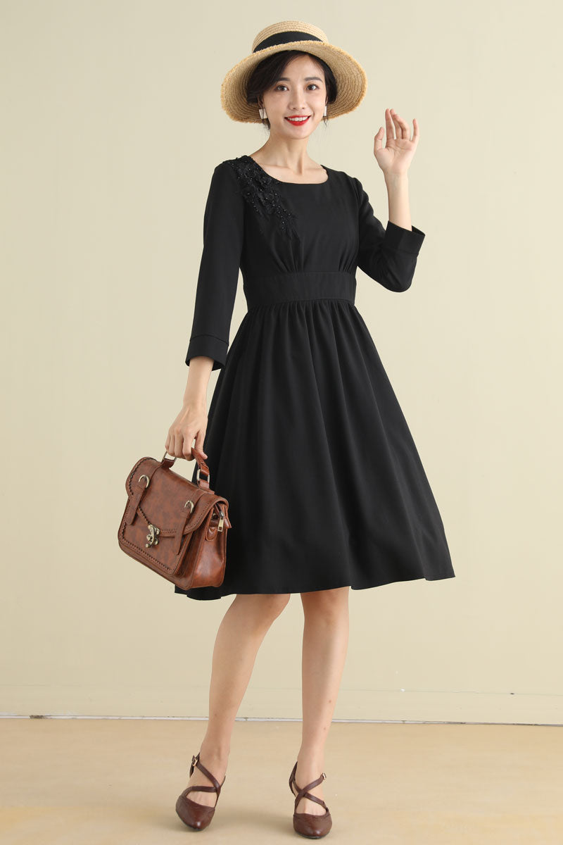 Vintage Inspired Black A Line Midi Dress with pockets 279401 Xiaolizi Vintage Inspired Black A Line Midi Dress with pockets 279401 Xiaolizi