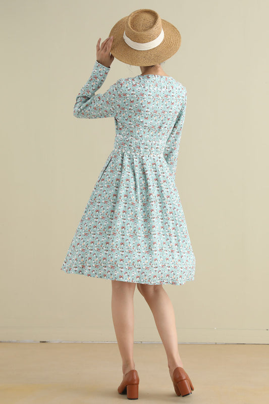 Floral Linen-Cotton Dress - Fit and Flared, Long Sleeves 2795