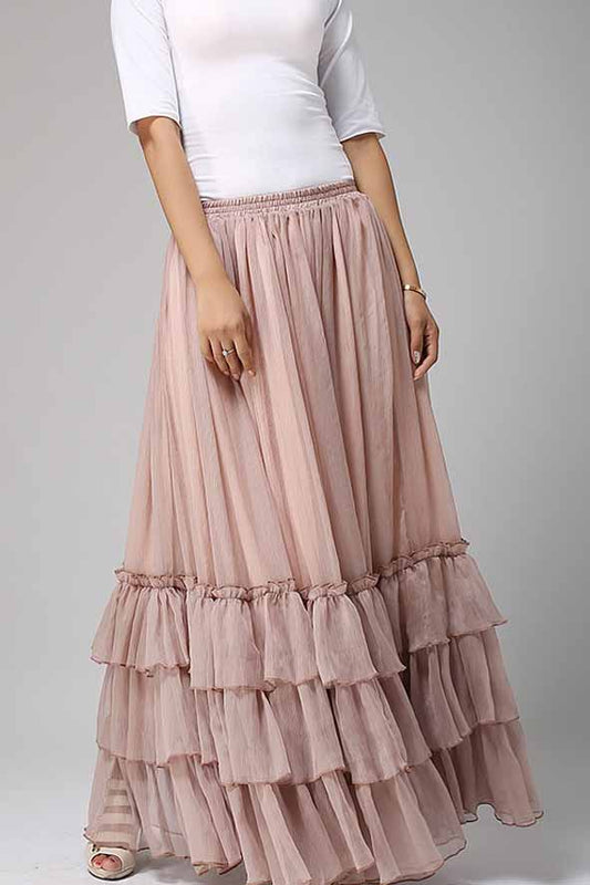 Handmade Pink Chiffon Long Skirt – Romantic Layered Summer Maxi for Women 0663