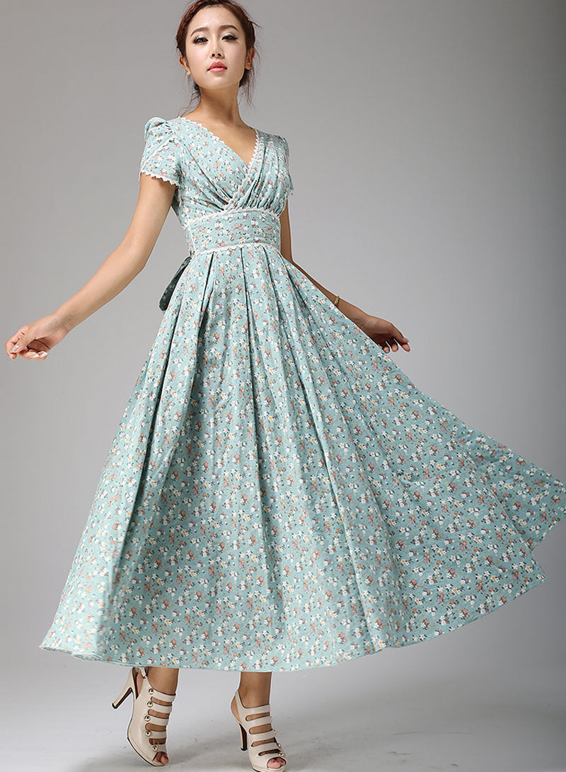 Vintage Floral Linen Cotton Maxi Dress – Women’s 1950s Inspired Prom & Bridesmaid Dress 0665