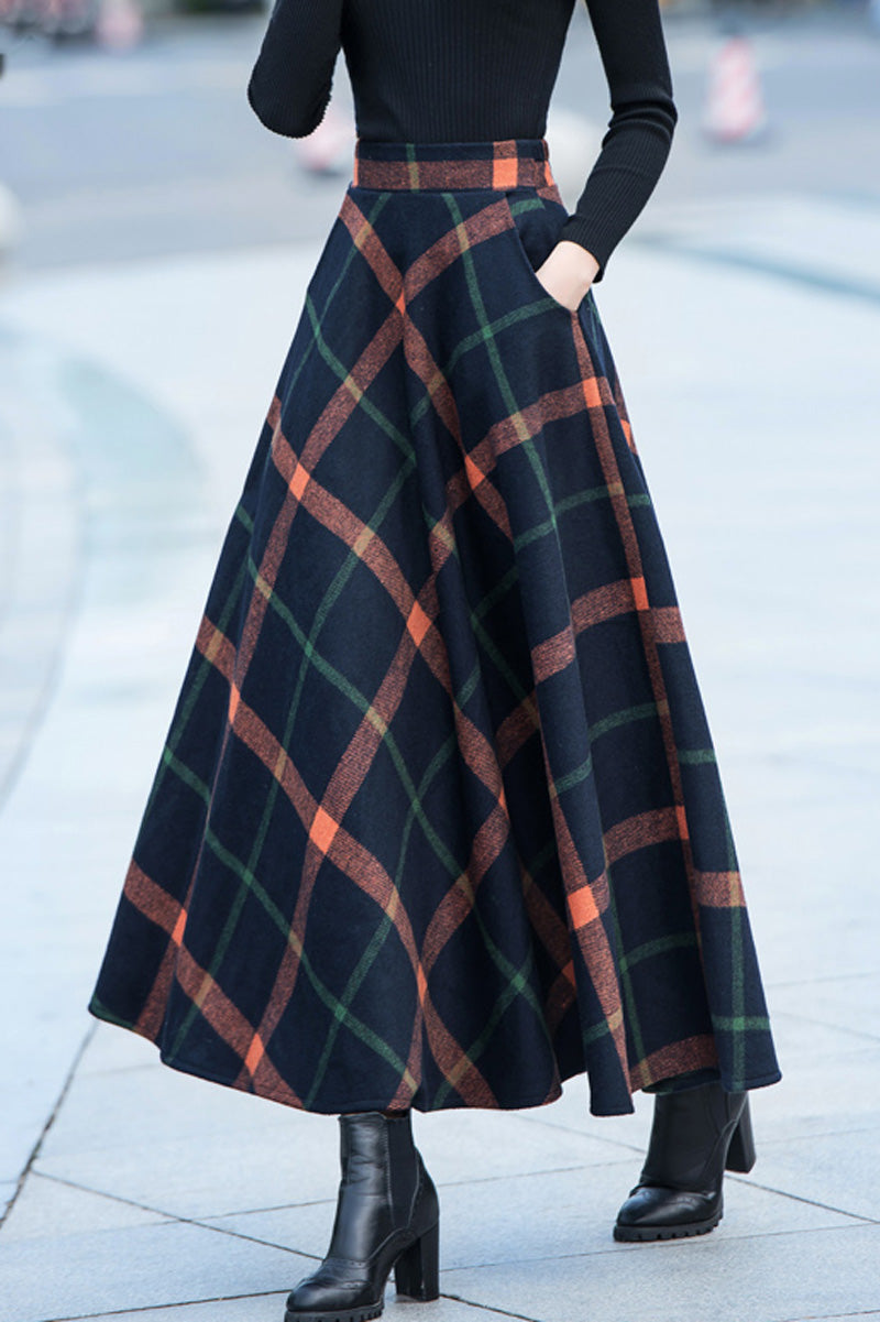 Navy Plaid Wool Skirt – Maxi A-Line with Orange and Green Stripes 2709