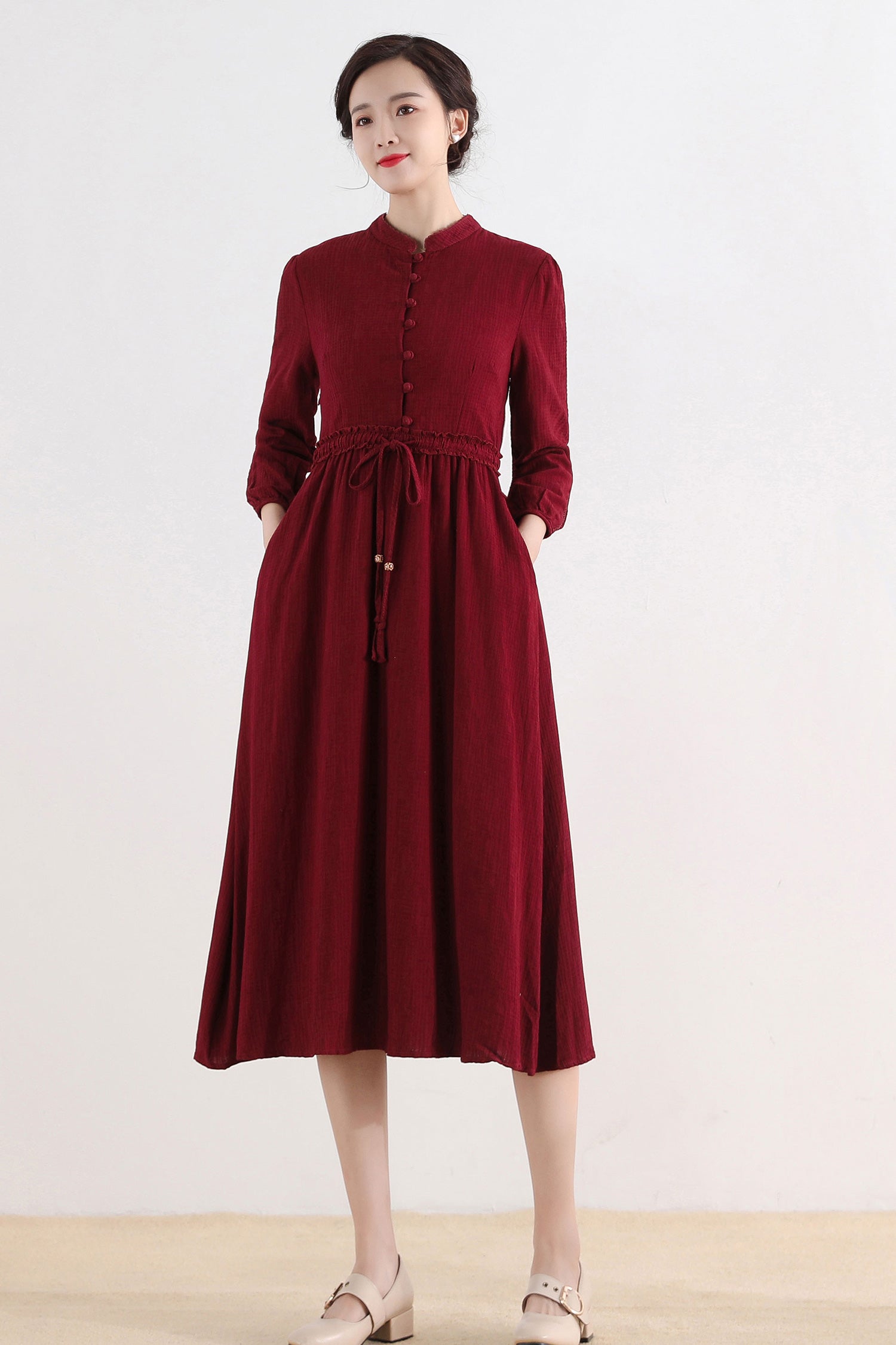 Red Spring Long sleeve Cotton Linen Dress 2519# Red Spring Long sleeve Cotton Linen Dress 2519#