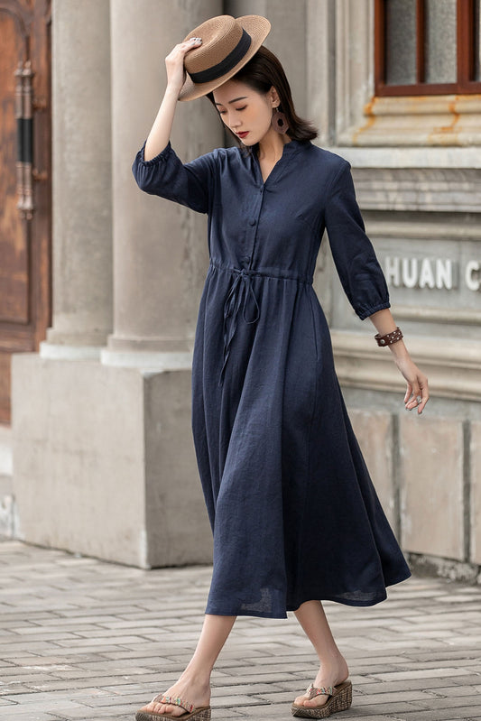 Navy Linen Blend Dress – Adjustable Waist Midi Shirt Dress for All Women | Xiaolizi 2594