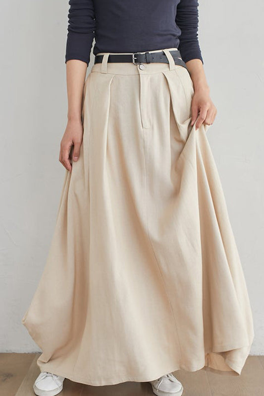 Beige Linen Cotton Maxi Skirt – Handmade A-Line Skirt with Pockets | Xiaolizi 2546