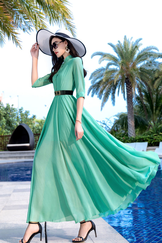 Eco-Friendly Handmade Chiffon Maxi Dress – Elegant Summer Green | Xiaolizi 2854