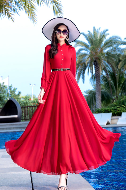 Long Sleeve Maxi Swing Chiffon Dress 2855