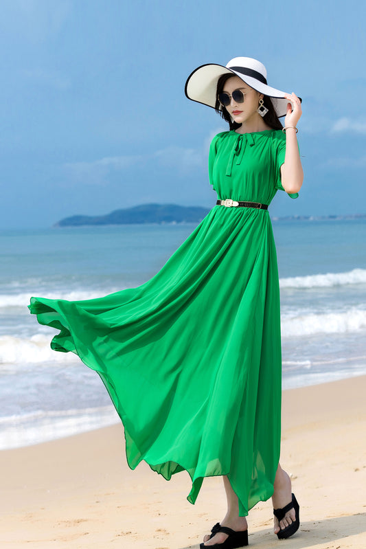 Short Sleeve Maxi Swing Chiffon Dress 2856