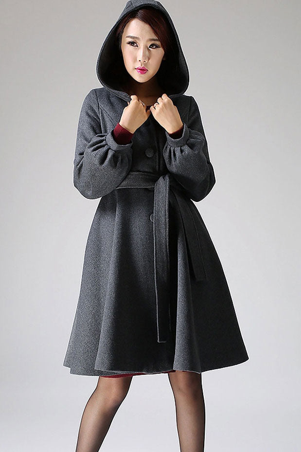 Dark Gray Hooded Wool Swing Coat with Tie Waist Feminine A-Line Silhouette | 1073 Fabric swatch / S Dark Gray Hooded Wool Swing Coat with Tie Waist Feminine A-Line Silhouette | 1073 Fabric swatch / S