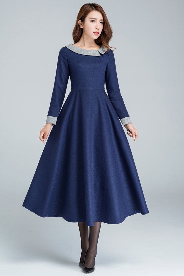 Vintage Wool Maxi Dress in Navy Blue Gray Collar Detail 1611 Vintage Wool Maxi Dress in Navy Blue Gray Collar Detail 1611