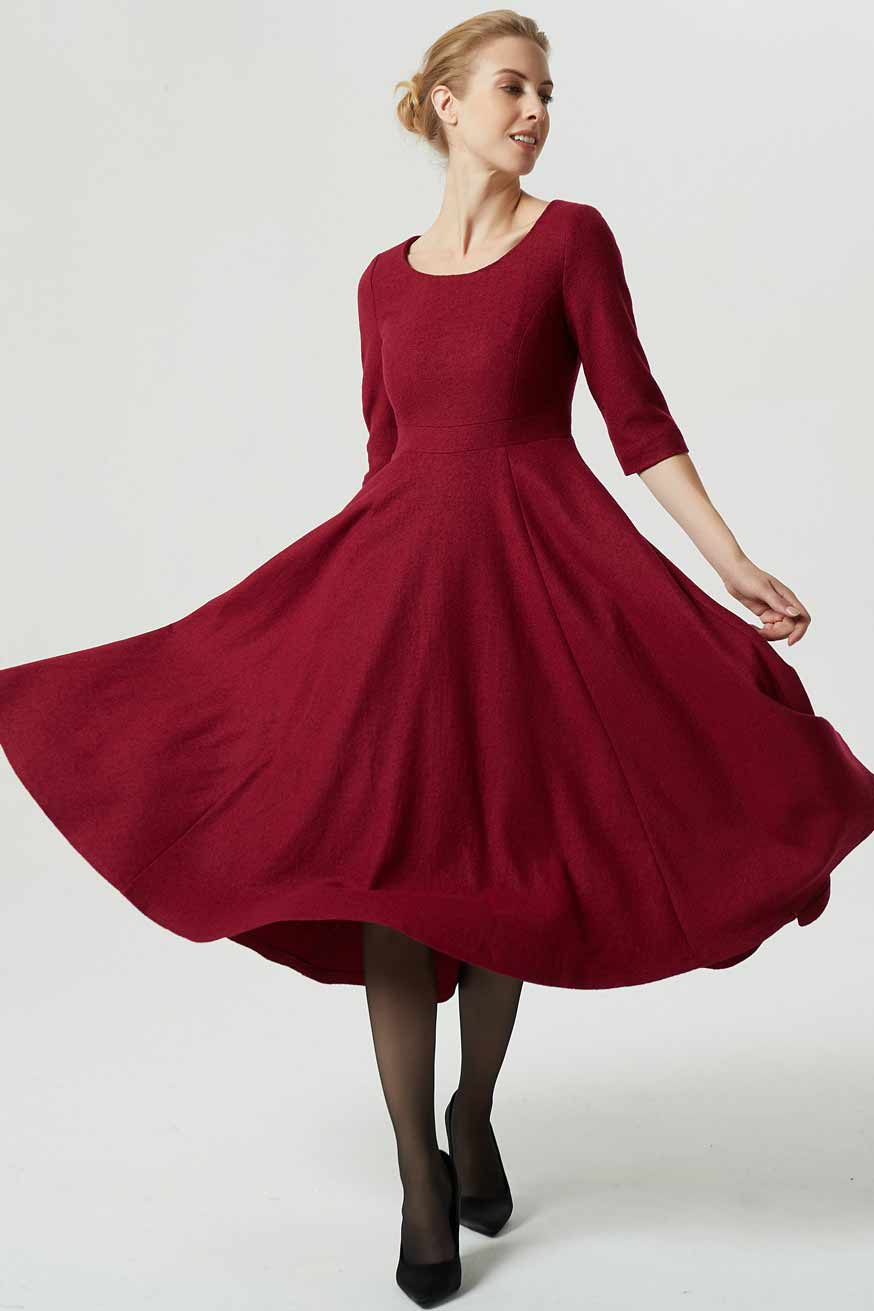 Red wool dress, wool dress, winter dress, midi dress, fit and flare dr Xiaolizi Red wool dress, wool dress, winter dress, midi dress, fit and flare dr Xiaolizi