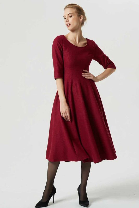 Red wool dress, wool dress, winter dress, midi dress, fit and flare dress 1995