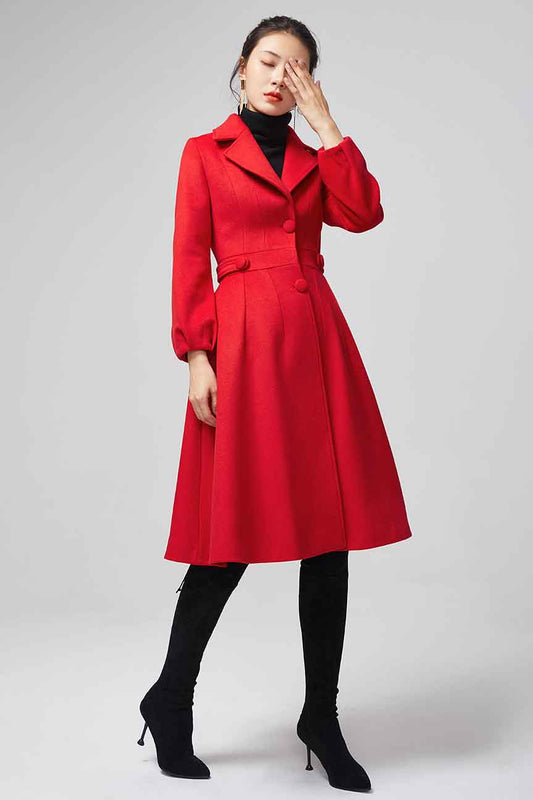 Xiaolizi Red Fit and Flare Wool Coat for Women – Handmade Knee-Length Vintage Winter Coat 2200