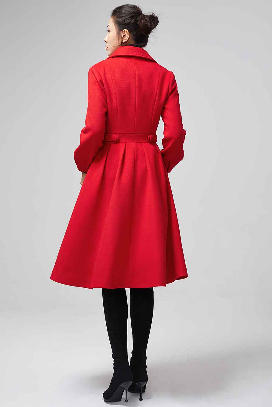 Xiaolizi Red Fit and Flare Wool Coat for Women – Handmade Knee-Length Vintage Winter Coat 2200