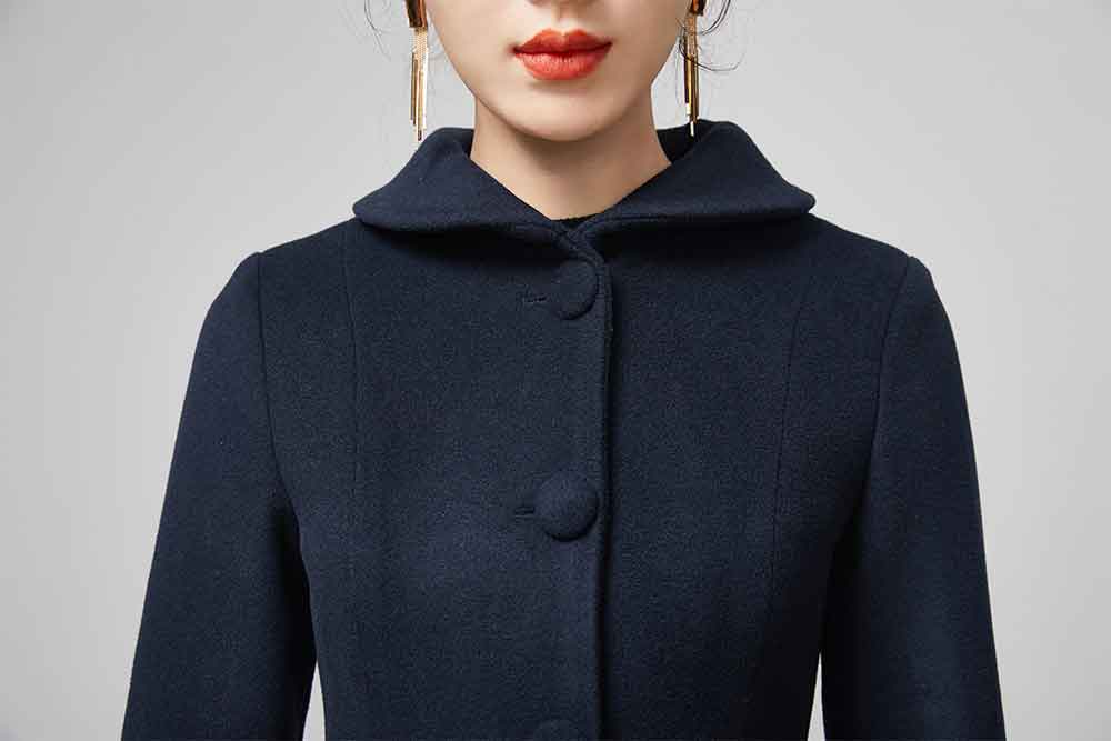 Xiaolizi Navy Fit and Flare Wool Coat for Women – Handmade Belted Vintage Winter Coat 2203