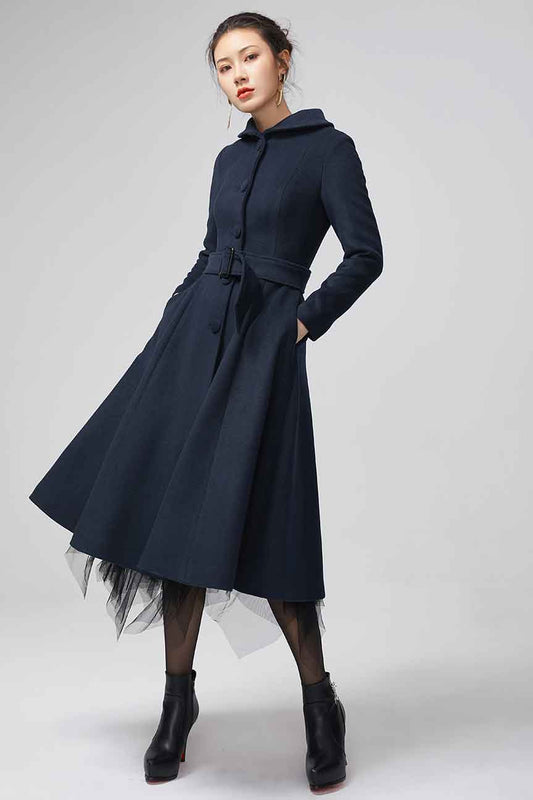 Xiaolizi Navy Fit and Flare Wool Coat for Women – Handmade Belted Vintage Winter Coat 2203