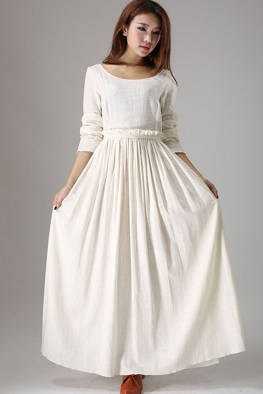 Handmade Linen Maxi Dress – Elegant White Pleated Long Dress for Bridesmaids or Prom 838