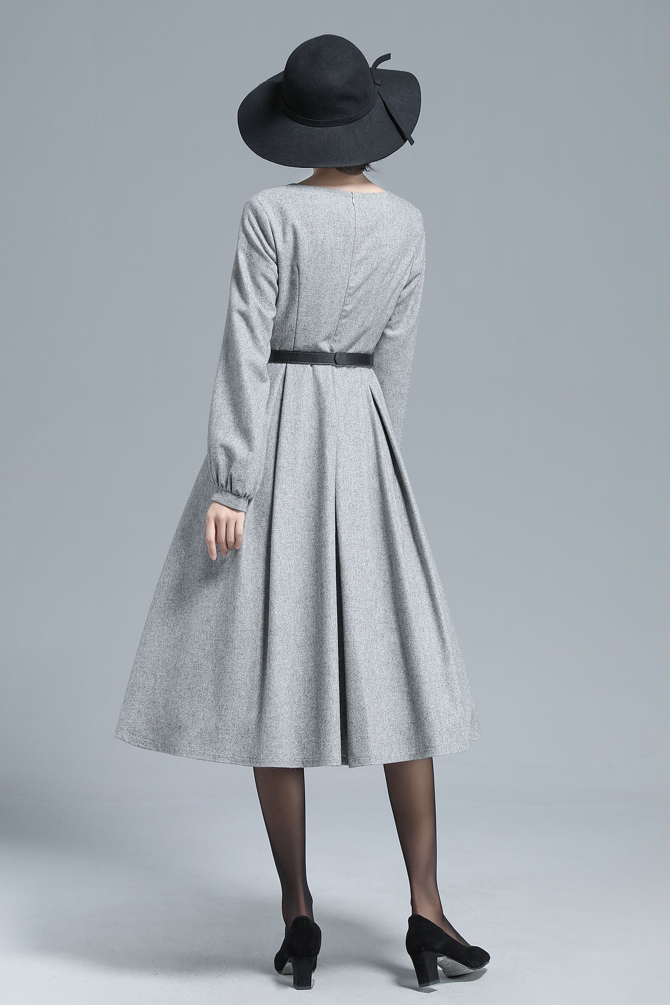Gray Pleated Wool Dress, Midi Dress Women 3128