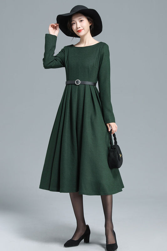 Dark Green Wool Dress – Vintage Pleated Winter Midi with Pockets | Xiaolizi 3129