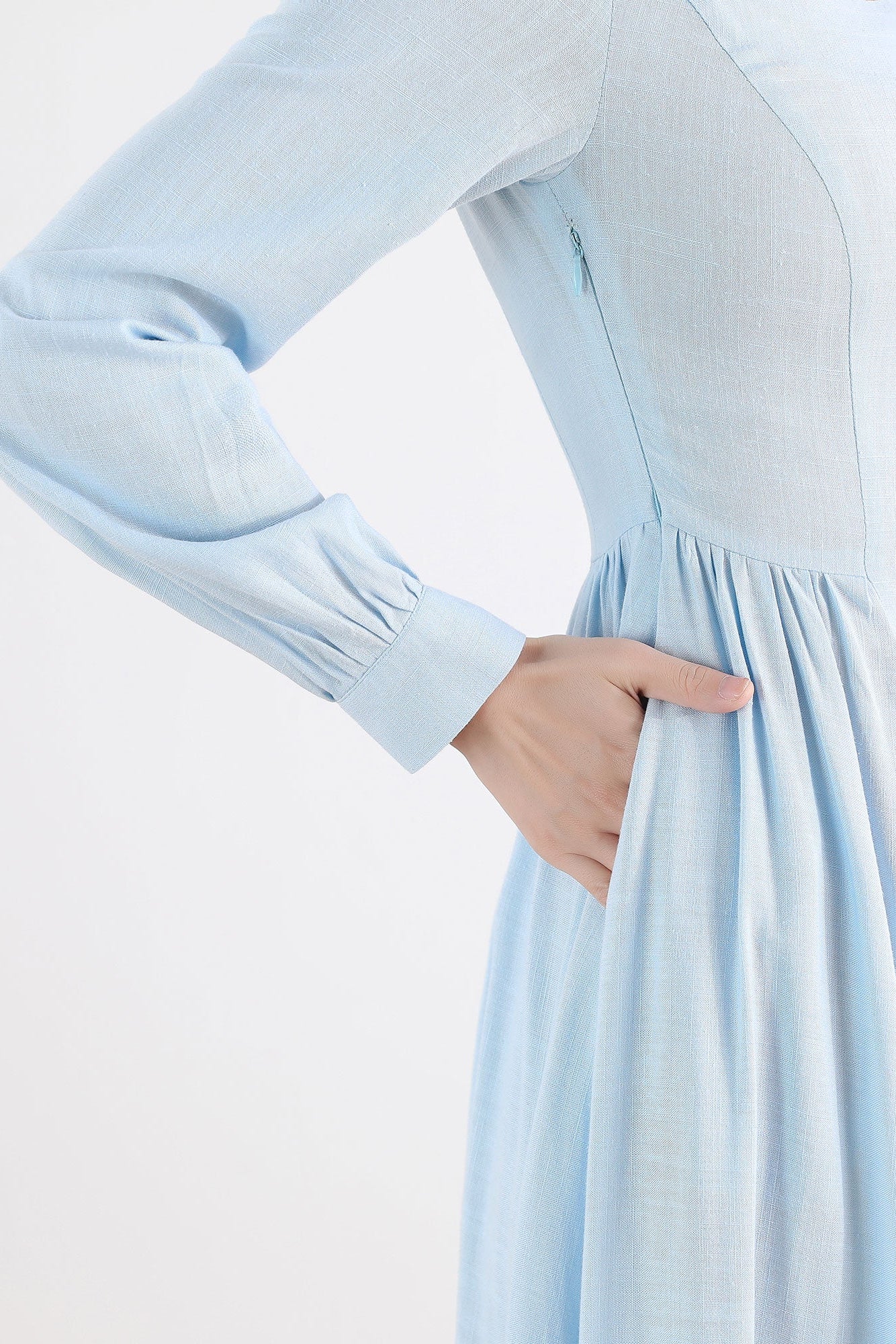 Vintage Blue Linen Maxi Dress – Medieval Style Long Sleeve Dress for Party & Cosplay 2508
