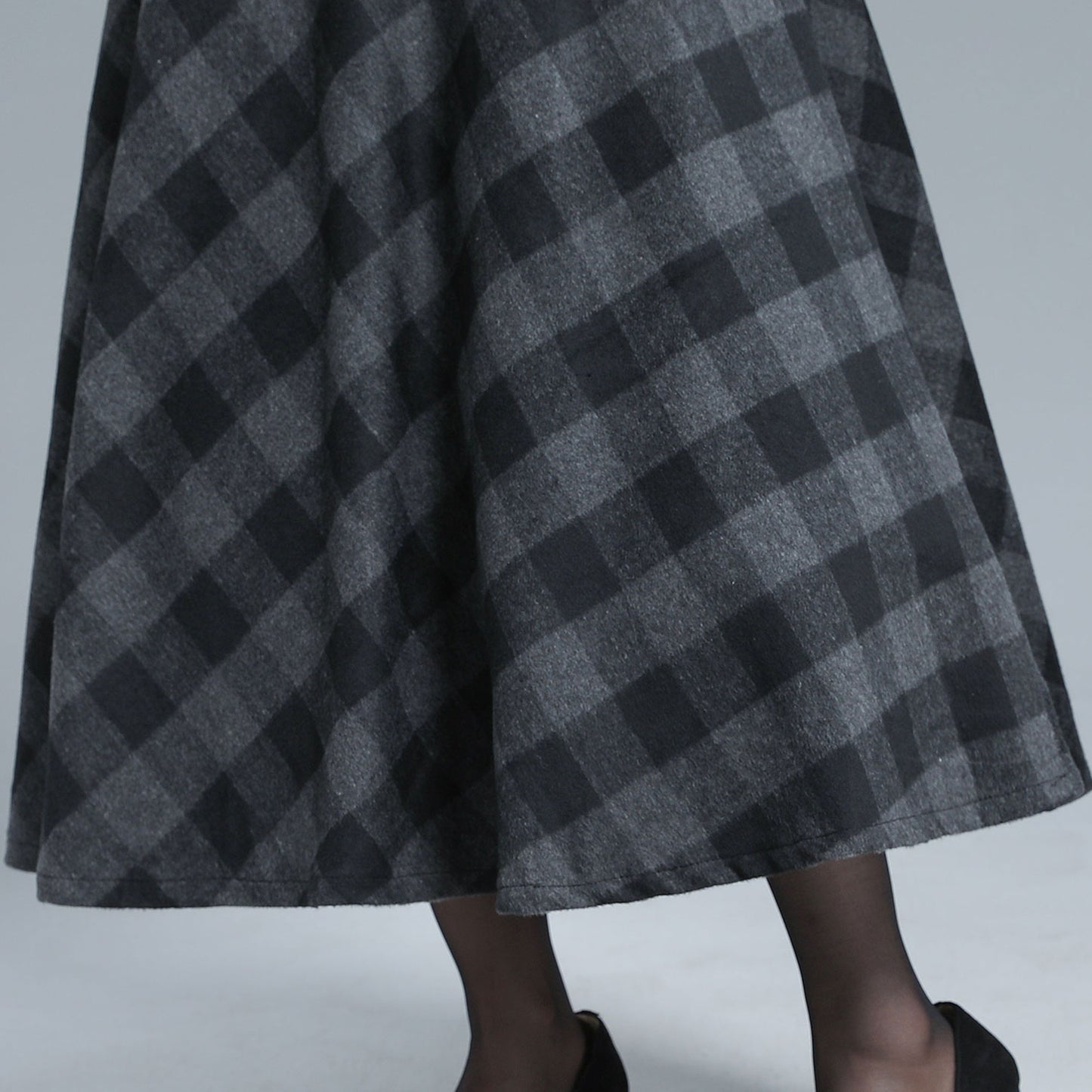 Black & Grey Wool Midi Plaid Skirt - Full Flared, Elastic Waist 3137