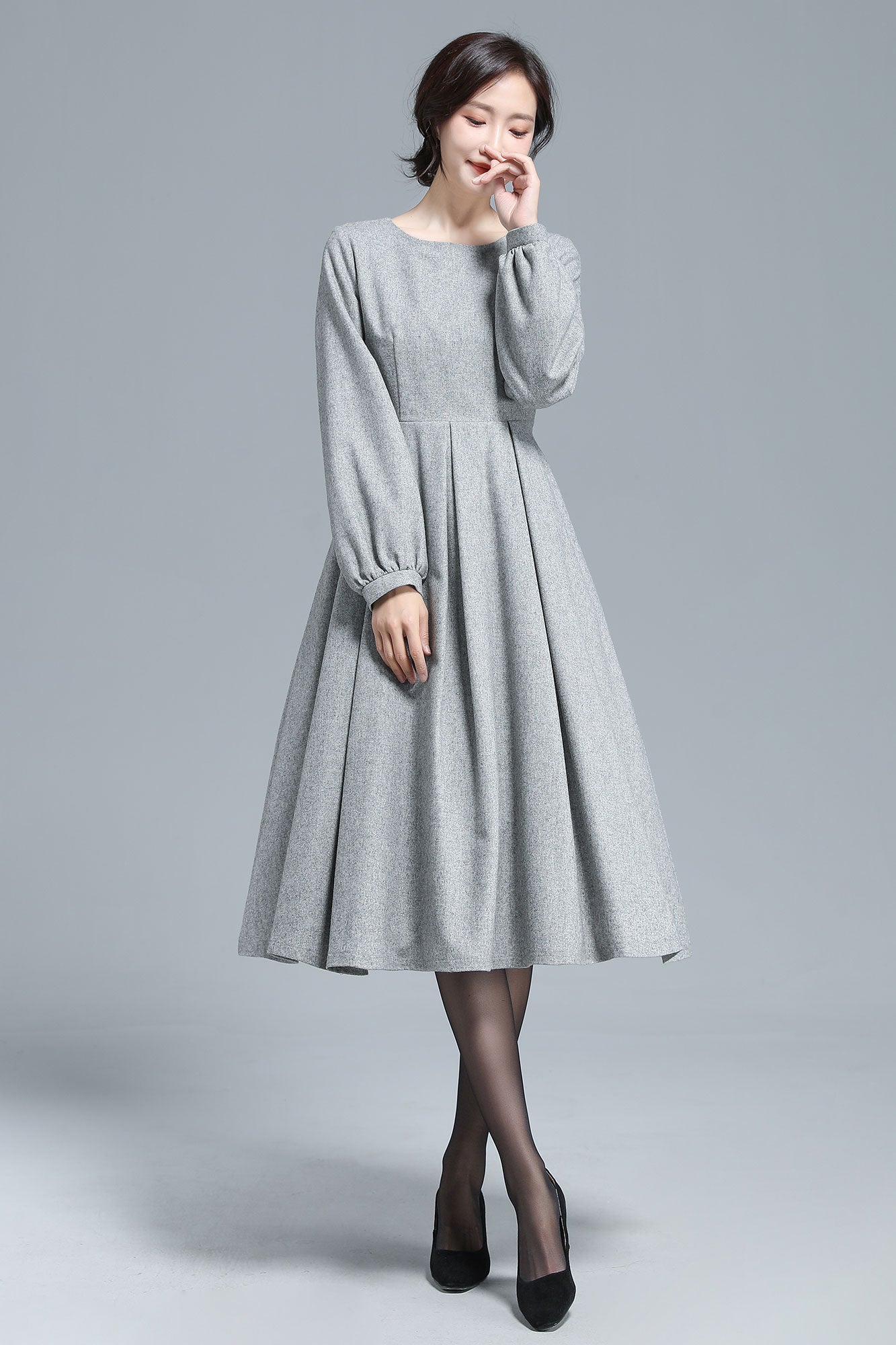 Gray Pleated Wool Dress, Midi Dress Women 3128 Gray Pleated Wool Dress, Midi Dress Women 3128