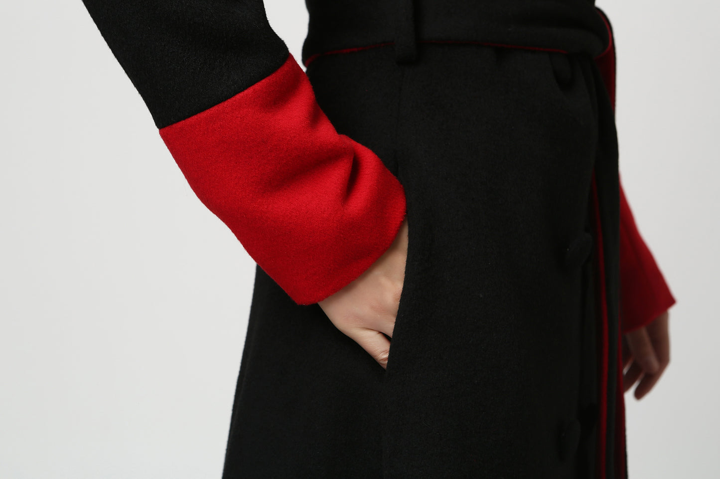 Handmade Black Wool Coat – Red Contrast Shawl Collar Long Winter Overcoat | Xiaolizi 1106