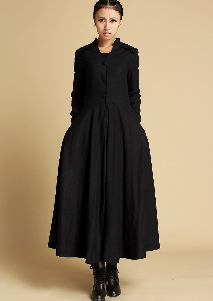 Handmade Wool Long Coat – Vintage Black Fit & Flare Winter Dress Coat | Xiaolizi 0355