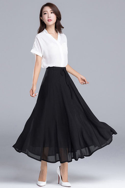 White Summer Midi A Line Pleated Chiffon Skirt 2900