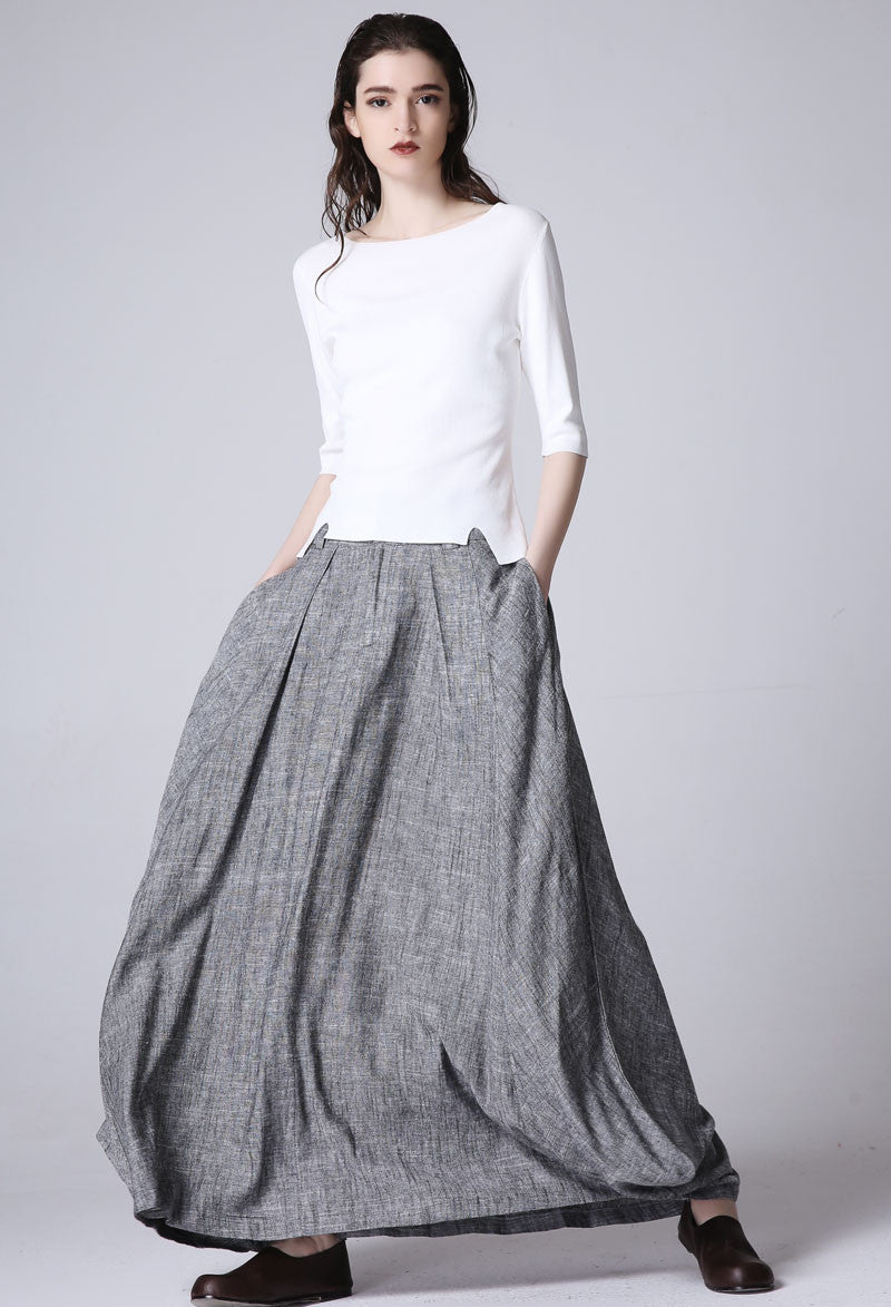 Women’s Handmade Linen Maxi Skirt – Gray Asymmetrical Flowy Long Skirt | Xiaolizi 1187